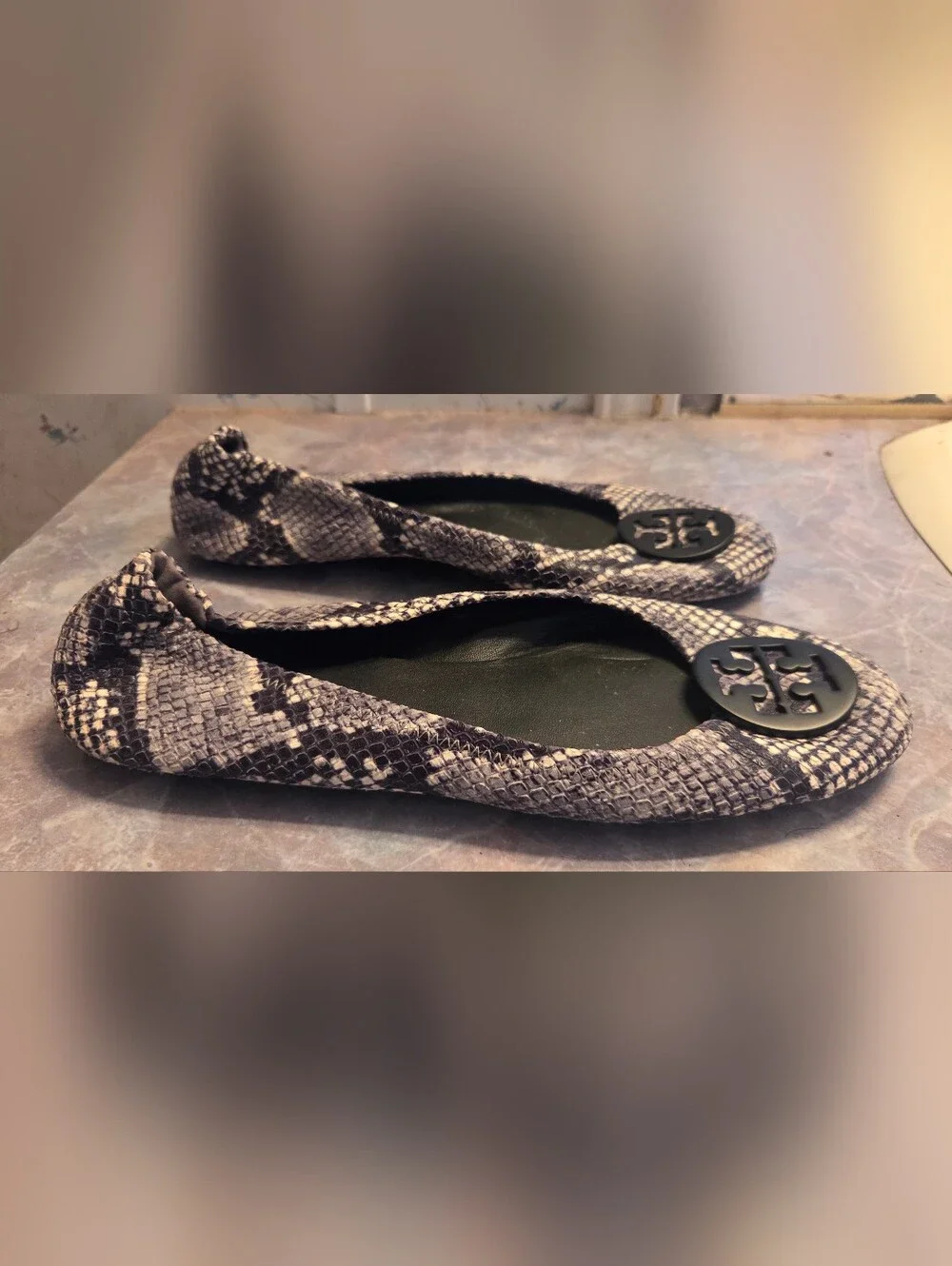 Tory Burch Snake Print Reva Flats in Black and Cream